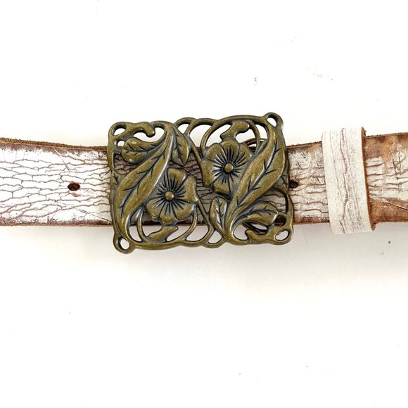 White Distressed Leather Belt with Boho Brass Floral Buckle by Goorin, Size M/L - Picture 1 of 8
